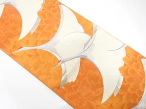 鶴に牡丹模様織り出し　袋帯